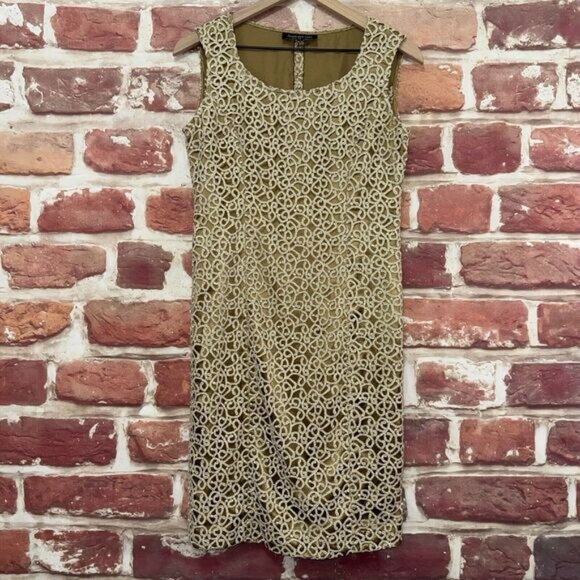 Jones New York Dress Women's Size 4 Cream Gold Metallic Sparkly Scroll Zip Up - Picture 1 of 7